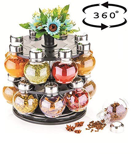 Zest Spice Rack Masala Container 360, Revolving 1 Stand 16 Plastic Bottles with Steel Cap Set