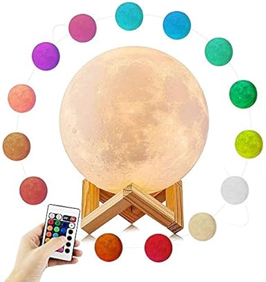 Zest 3D Printed Rechargeable Moon Lamp with Touch Control Adjust Brightness Light with Wooden Standfor Home Decoration (15 cm Multi Color - 16 Colors with Remote conrol)