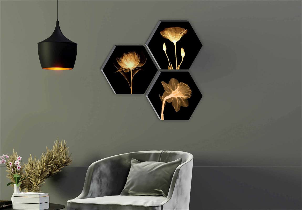 Zest SAF Set of 3 Hexagon Preety Brown Floral UV Textured MDF, Home Decorative Gift Item Painting 17 Inch X 17 Inch SANFHX15SMALL