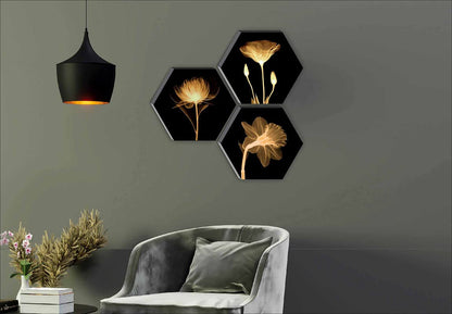 Zest SAF Set of 3 Hexagon Preety Brown Floral UV Textured MDF, Home Decorative Gift Item Painting 17 Inch X 17 Inch SANFHX15SMALL