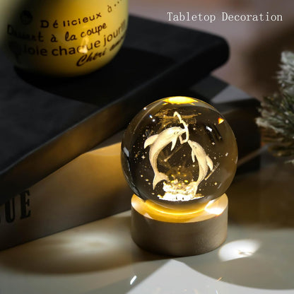 Zest Glowing Crystal Ball 3D Inner Carved Small Light with Wood Base, Decorative Creative Gift Luminous Crystal Ball for Christmas, Classmates and Kids