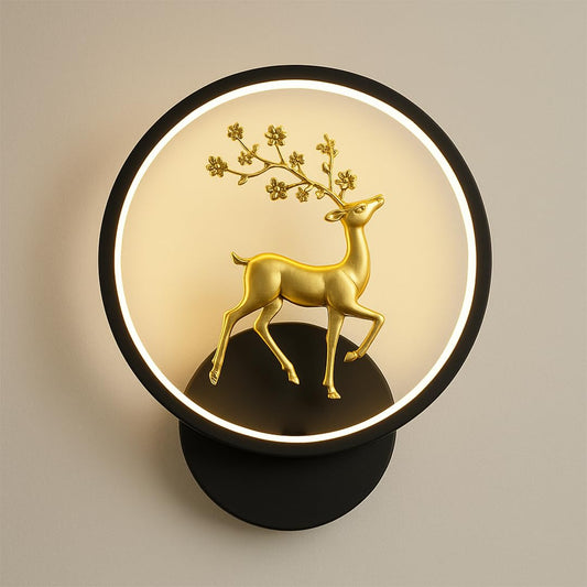 Zest Home Decor Round LED Wall Light with Golden Deer Decor – 3 Color Modes, Creative Flush Mount Wall Lamp for Bedroom, Living Room, Hallway & Interior Décor and Energy-Efficient Wall Sconce