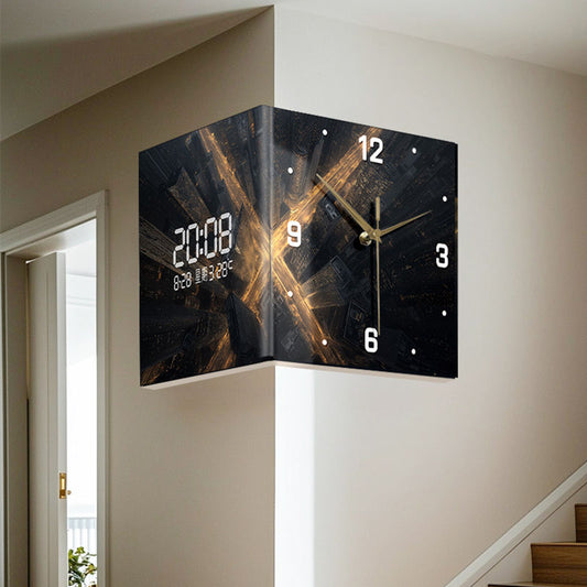 Modern Double-Sided Acrylic Wall Clock – Silent Needle Electronic Display With Abstract City Design