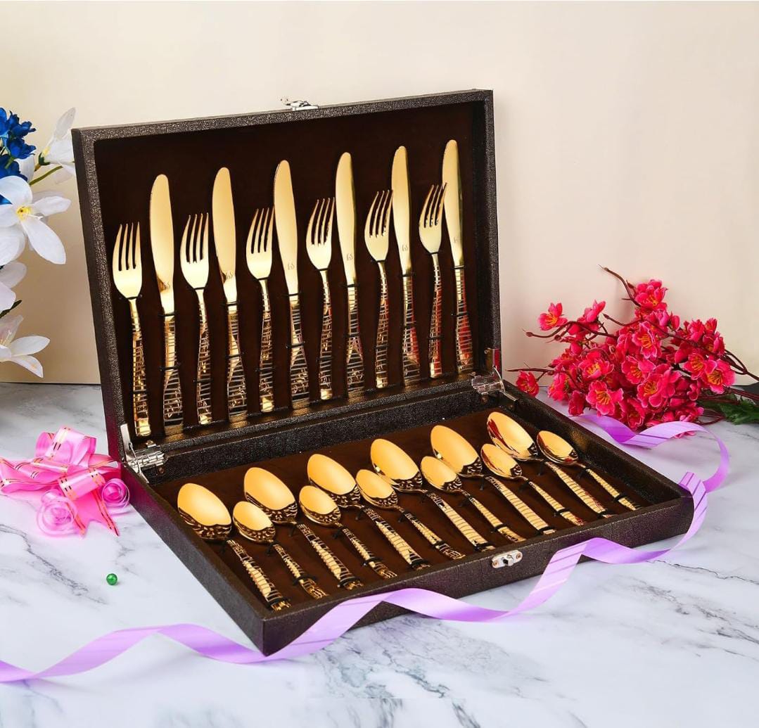 Zest  Gold Boston 24 Pcs Cutlery Set in Gift Box Packaging ,6 Dinner Spoon, 6 Dinner Fork, 6 Teaspoon, Six Dinner Knive
